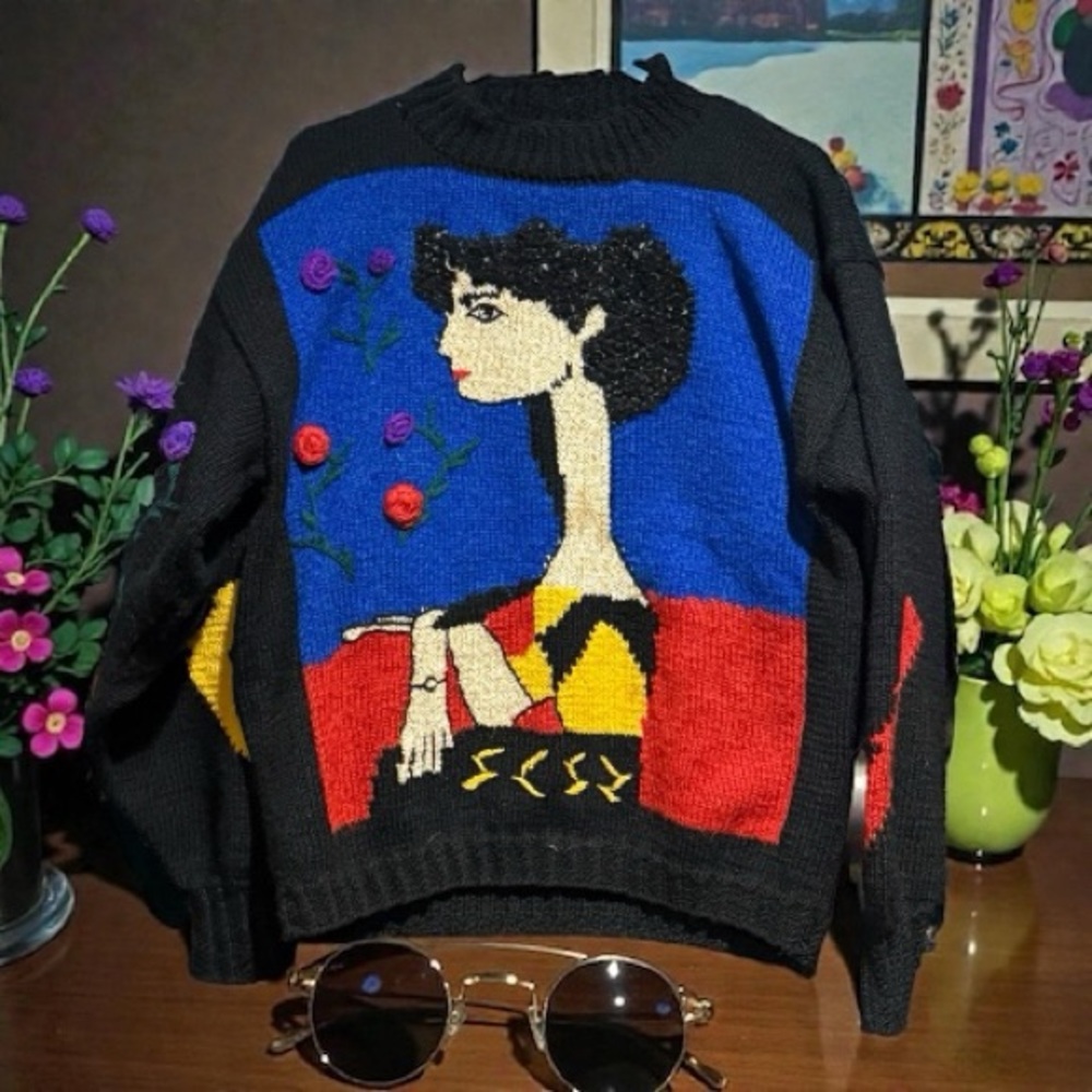 Nancy Jemio Vintage Art to Wear Graphic Sweater Bold Colors
